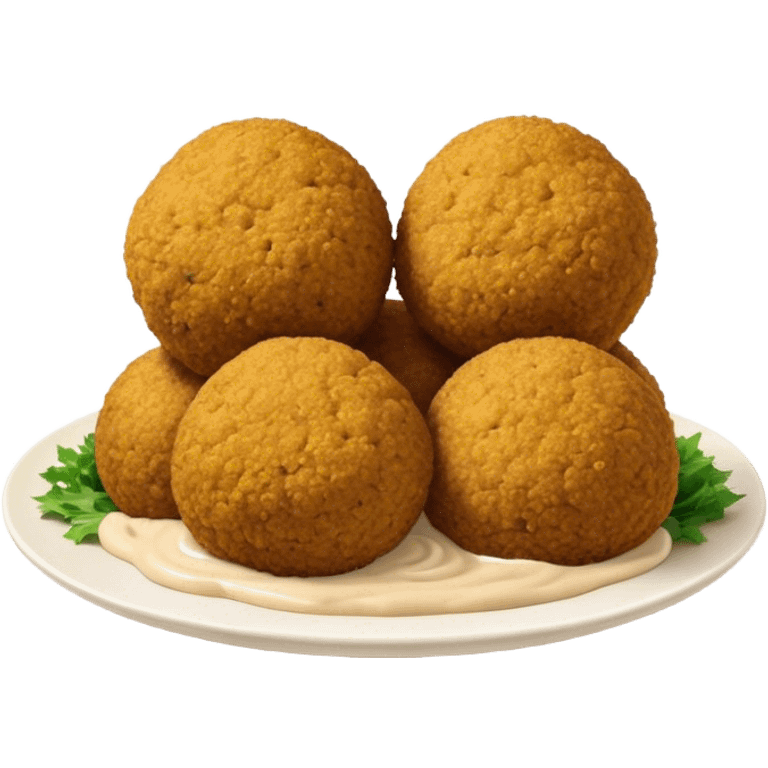 Cinematic Realistic Falafel Dish Emoji, depicted as crispy, golden falafel balls served with tahini sauce rendered with lifelike textures and vibrant, appetizing lighting. emoji