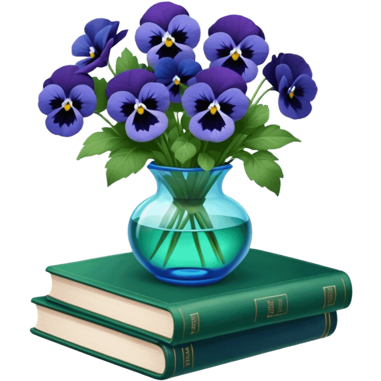 Aesthetically arranged books in dark green and next to them a bouquet of blue pansies in a light green glass vase emoji