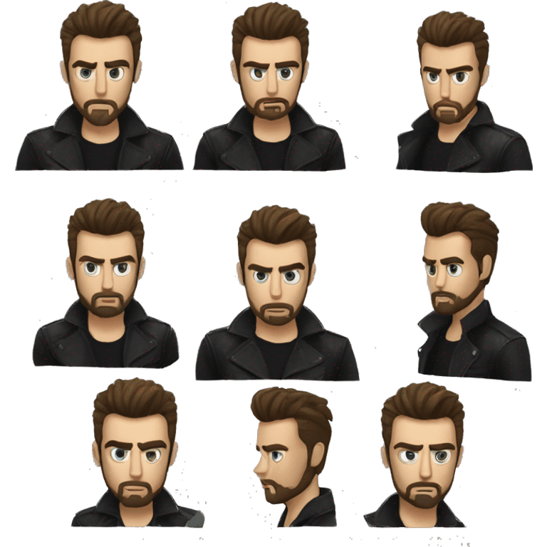 James dean but with dark brown hair und beard, cool outfit, black leather jacket and black shirt underneath, evil look, angry look emoji