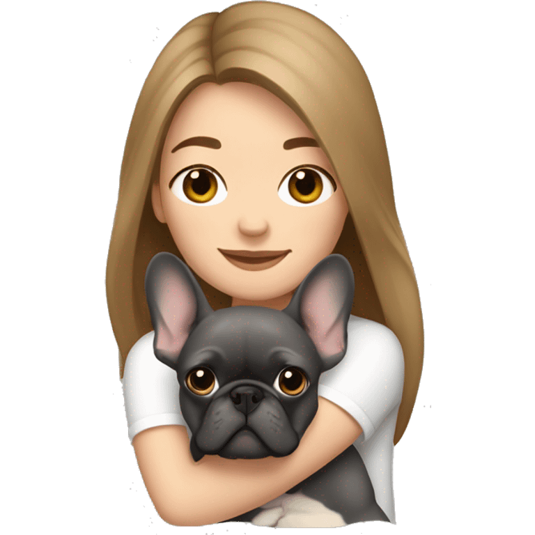 light brown hair woman hugging a dark gray french bulldog emoji