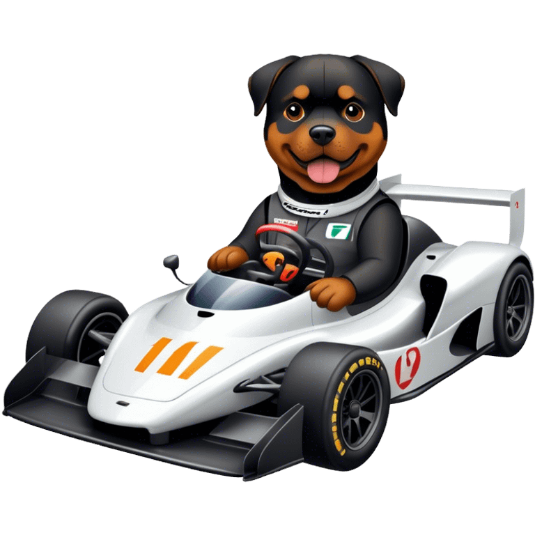 Rottweiler in an McLaren f1 race car  emoji