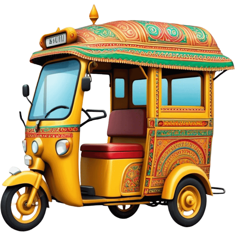 Cinematic Realistic Indian Auto Rickshaw Emoji, depicted as a colorful, bustling auto rickshaw with intricate designs and vibrant hues, rendered with lively textures and dynamic urban lighting that captures its quintessential presence in Indian cities. emoji