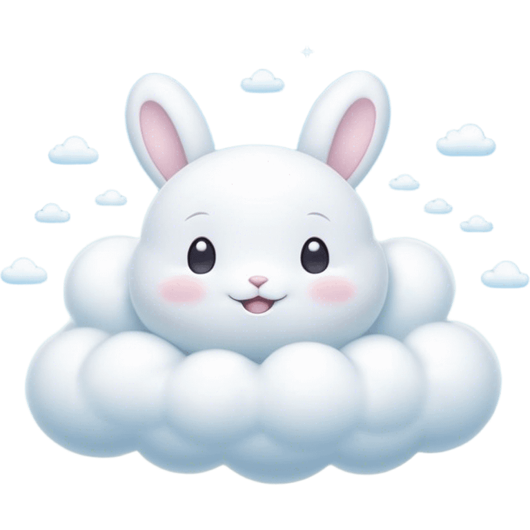 Cinematic tiny puffy bunny-shaped cloud, floating gently in the sky, soft glowing light, tiny rounded ears, smiling face, dreamy and magical. emoji