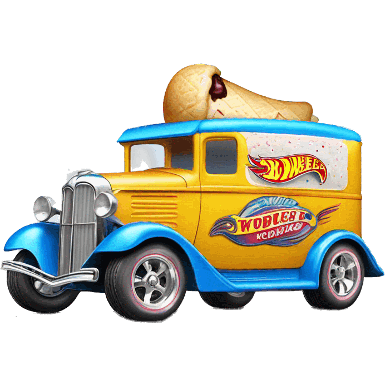 Hot rod, Hot wheels style, ice cream panel truck from 1934 with wide chrome mag wheels, blue, no ice cream on top of truck, open selling window.  emoji