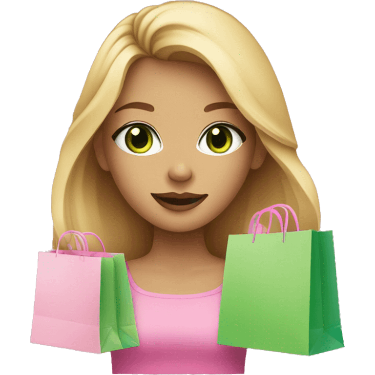 cute dark blonde with green eyes wearing pink surrounded by pink shopping bags emoji