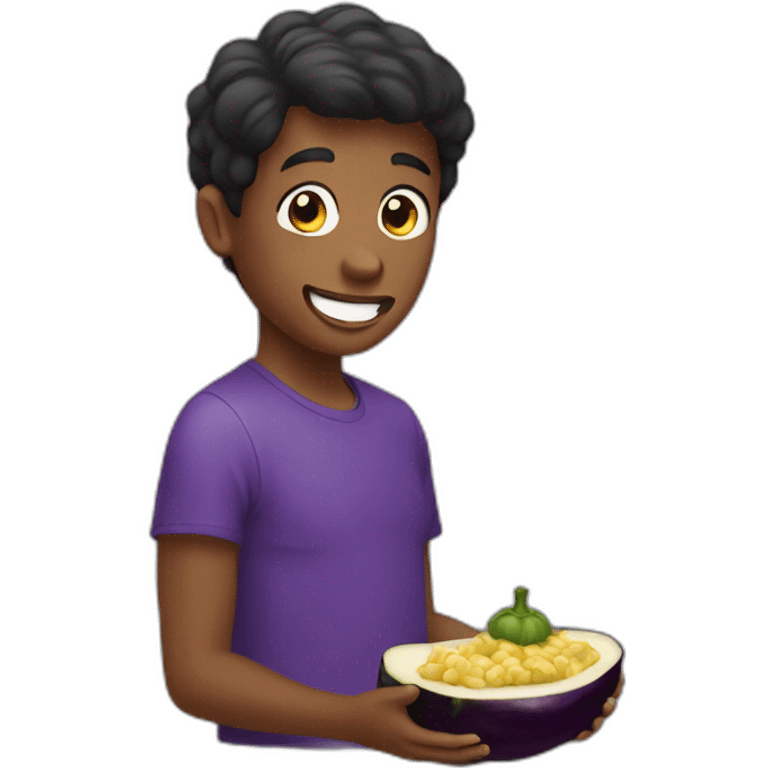 A young person eating a eggplant emoji