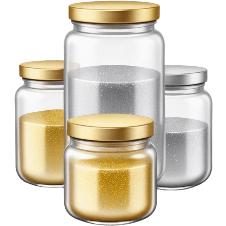 Cinematic Realistic Glitter Jars, elegant glass containers filled with ultra-fine shimmering gold and silver dust, light catching the tiny specks in a mesmerizing glow, slightly open lids revealing the rich, sparkling texture inside, set against a softly blurred background, radiating a sense of enchantment and wonder. emoji