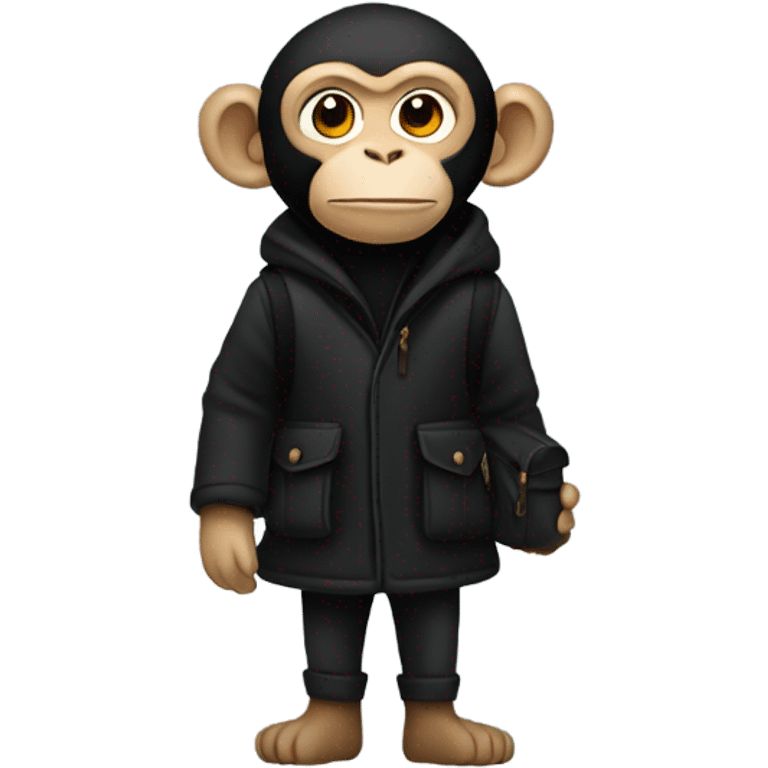 Monkey wearing black wool coat black ugg boots black backpack emoji