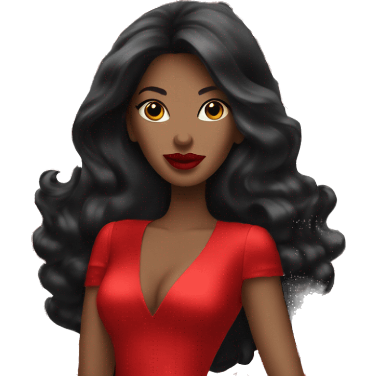 a long black haired woman with red lipstick in red silk dress and heels emoji