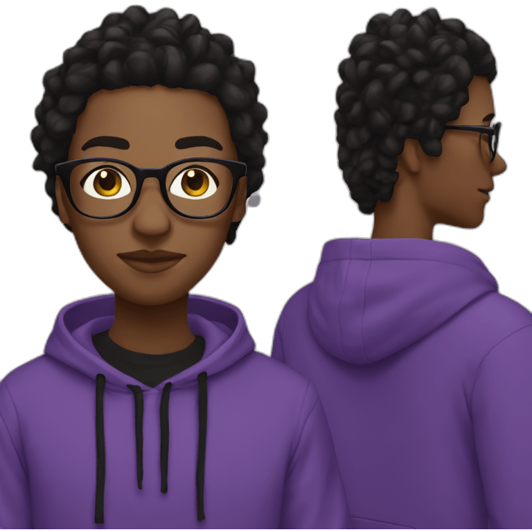 Black digital creator with glasses and black locs and purple sweatshirt emoji