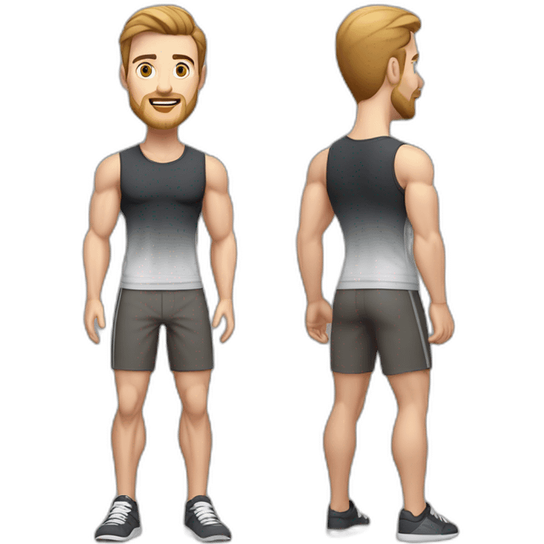 Full height Pale skinned muscular man With Realistic eyes and mouth, light brown hair and stubble In dark gray sleeveless mike, black oversize sports shorts, watch and white sneakers. emoji