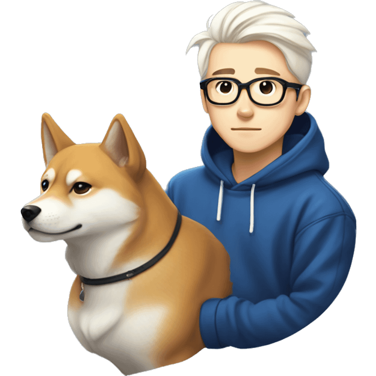 A young guy long white hair pulled back into a ponytail and white skin and black-framed glasses and nose piercing wearing blue hoodie with Shiba Inu dog next to him emoji