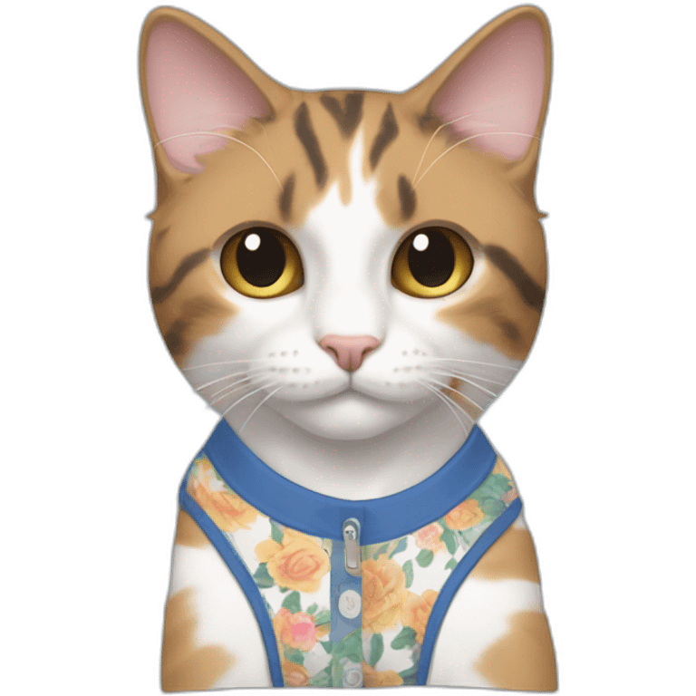 Purradise Meowscles is a buff calico cat  he has a mullet, a floral designed t shirt that is unbuttoned and blue and white stripped shorts emoji