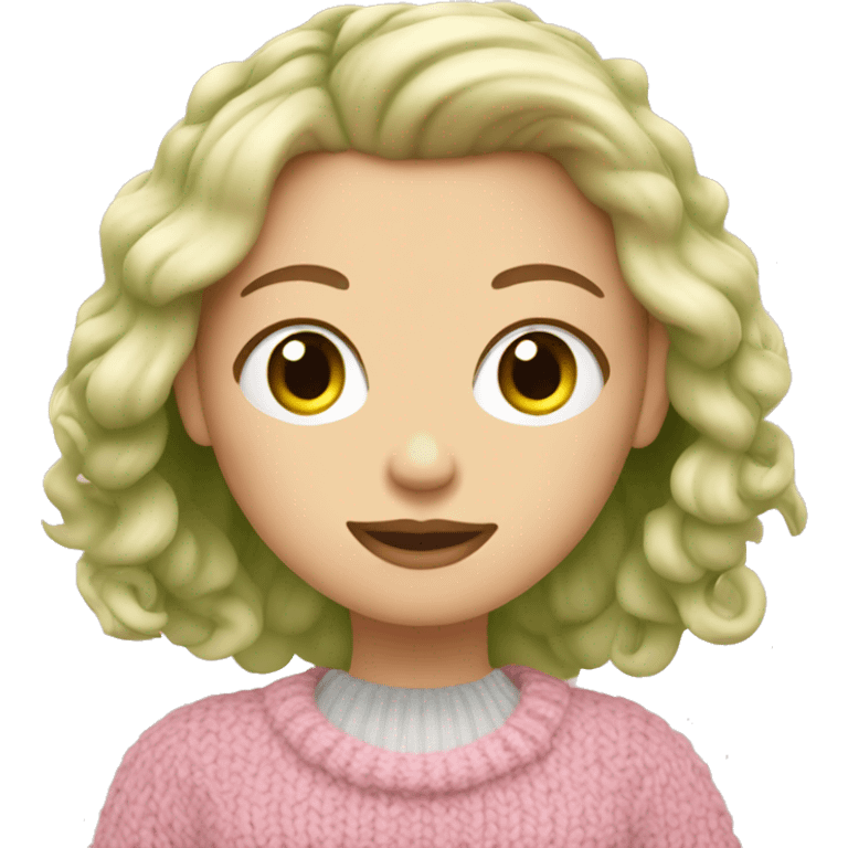 blonde girl holding matcha latte in pink sweater knitt emoji