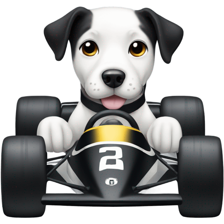 black and white dog in a racecar  emoji