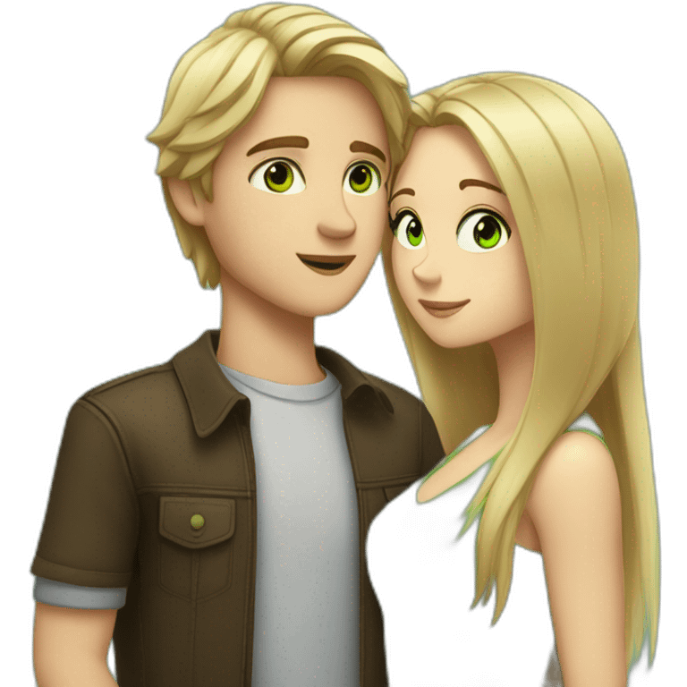 a blond boy with brown-green eyes kisses a brunette girl with long straight hair and bright green eyes on the cheek emoji