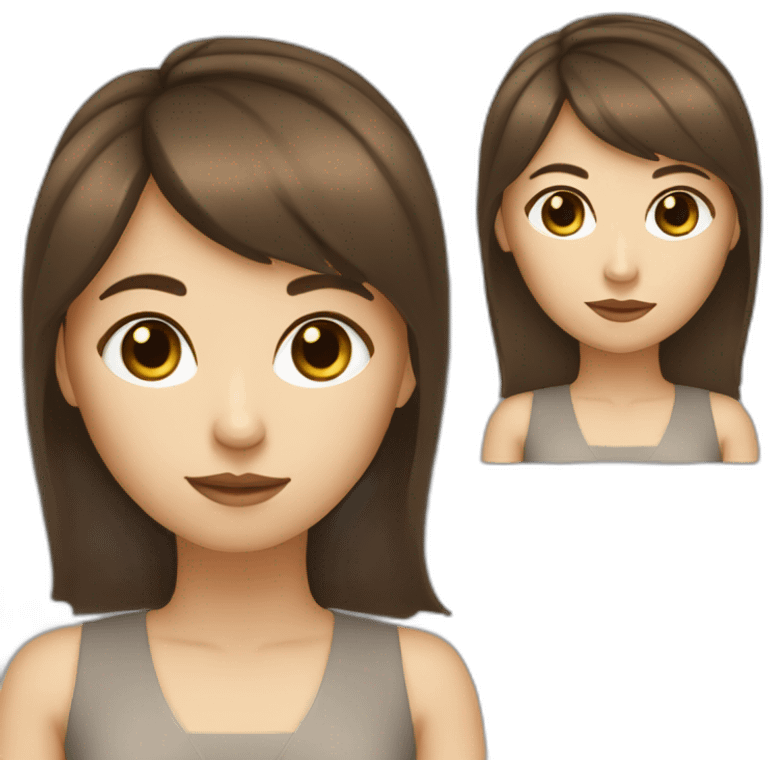 girl, brown hair with bang, fair skin brown eye black dress writing coding emoji