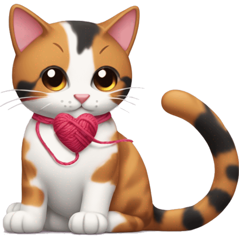 Calico cat playing with heart shaped yarn emoji