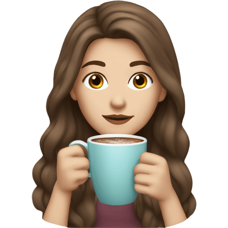 white girl with brown long hair and a hot chocolate emoji