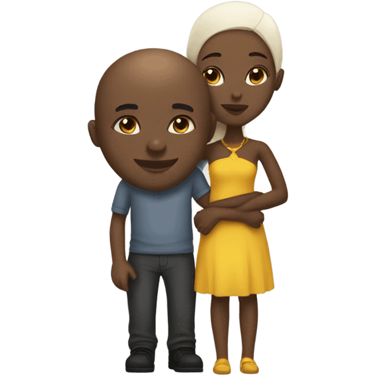 African  girl dark hair kissing white bald man emoji