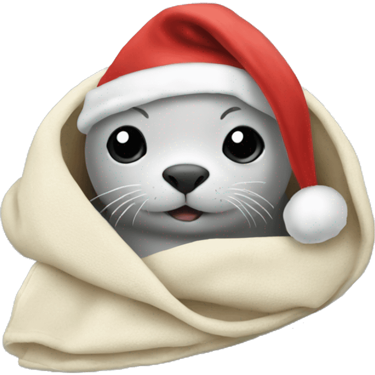 Baby seal in a blanket wearing a Santa hat emoji