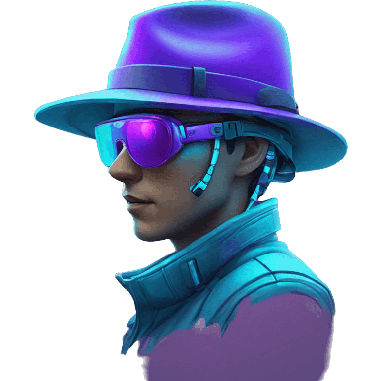 Secret human agent in a hat with  cyberpunk elements in VR googles scanning looking reviewing multicolor lines of code, cyan and purple colors, only upper body portrait emoji