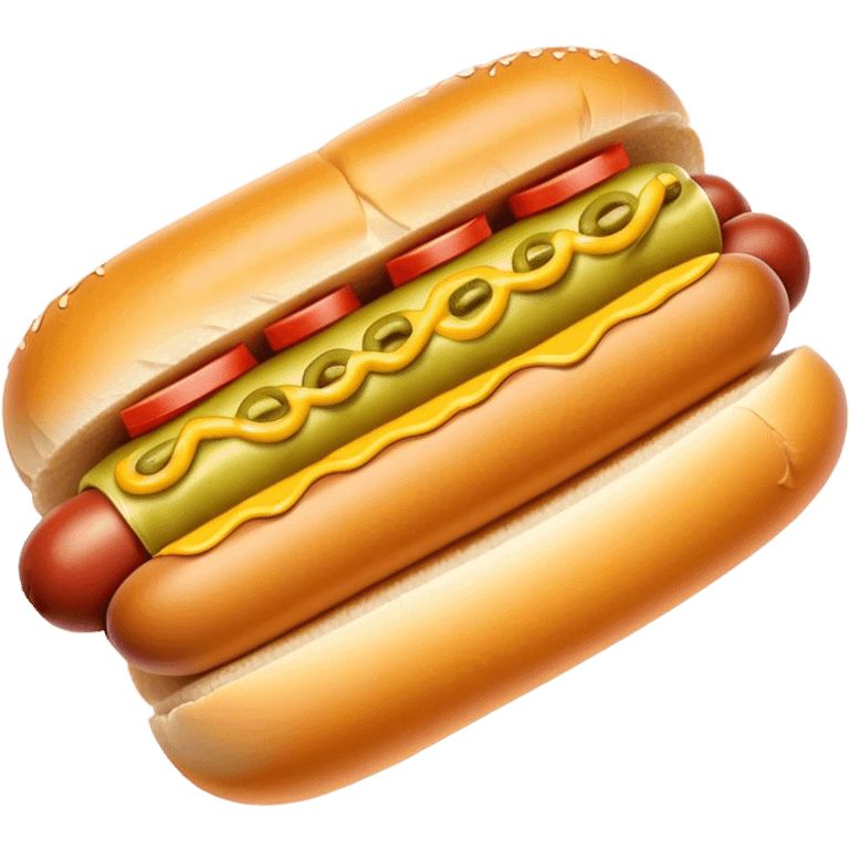 Cinematic Realistic Hot Dog Dish Emoji, featuring a classic hot dog in a bun topped with mustard and relish rendered with crisp textures and vibrant, dynamic lighting. emoji