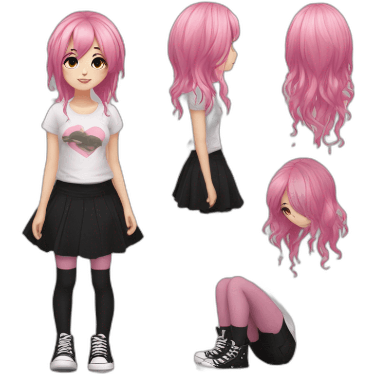 Full body Front view curvy emo girl pink hair sits on the floor straight view hands up black skirt полосатые рваные чулки emoji