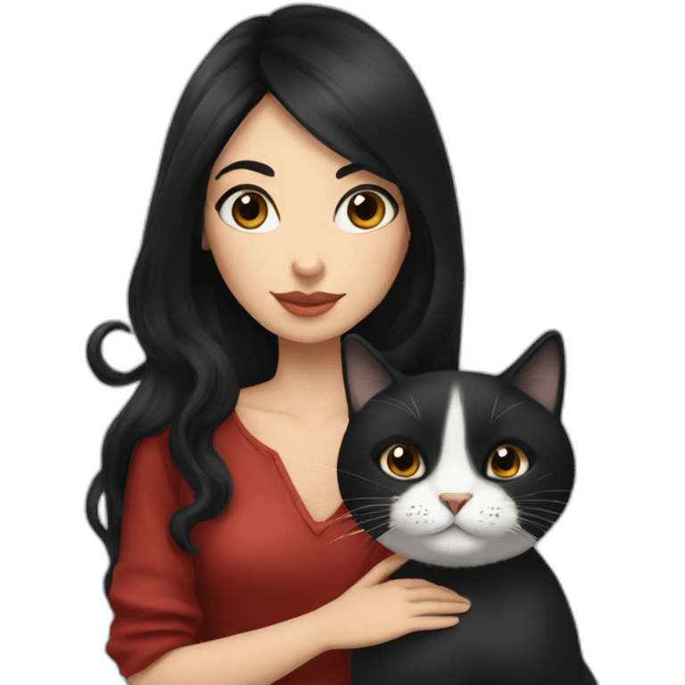 Russian woman with long black hair kissing black and white cat emoji