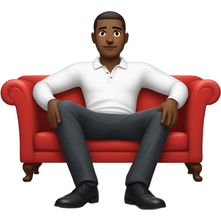 man in psychoanalysis laying down on a red couch in a long sleeve white polo shirt, chest up clean shaven, laying flat across couch, arms at side emoji