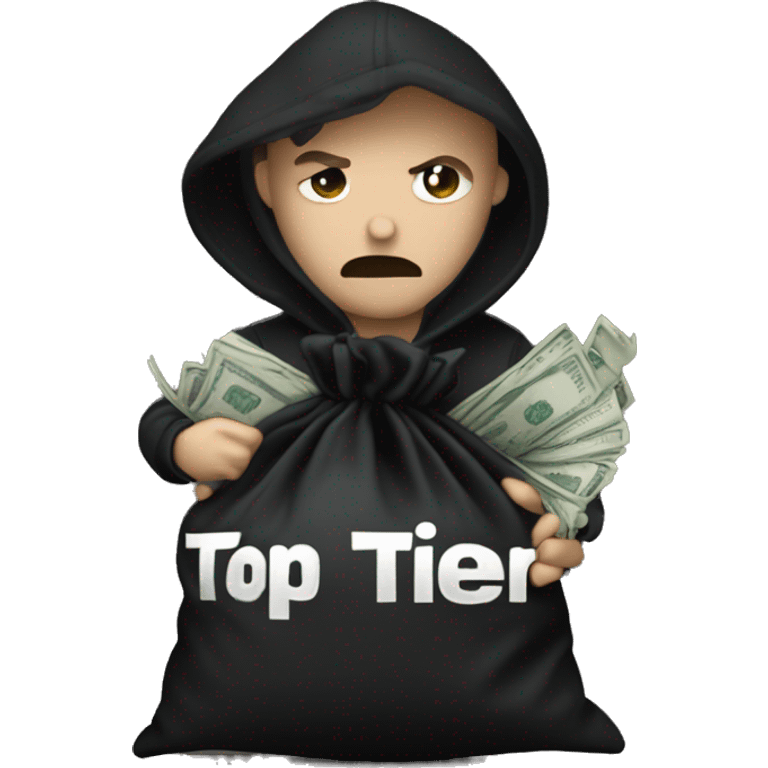 Thief wearing all black clothes actively stealing a money bag with the words Top Tier embroidered on it emoji