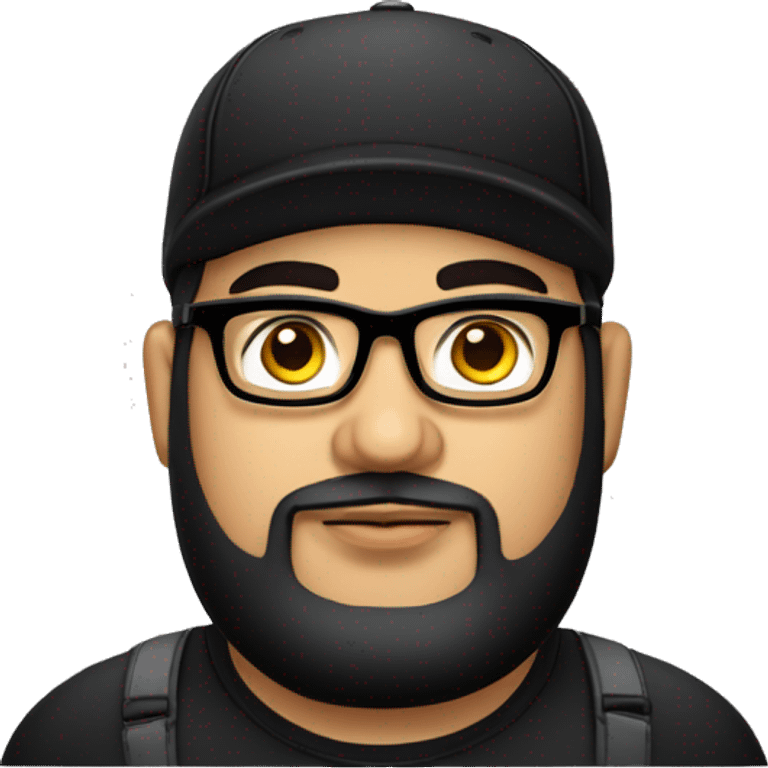 chubby venezuelan programmer with beard, glasses, BLACK hat, airpods with tattoos emoji