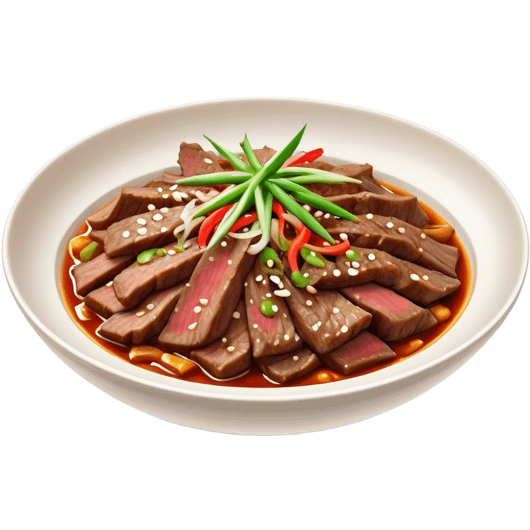 Bulgogi Cinematic Realistic Bulgogi Dish Emoji, depicted as thinly sliced, marinated beef stir-fried to perfection, rendered with dynamic textures and vibrant, appetizing lighting. emoji