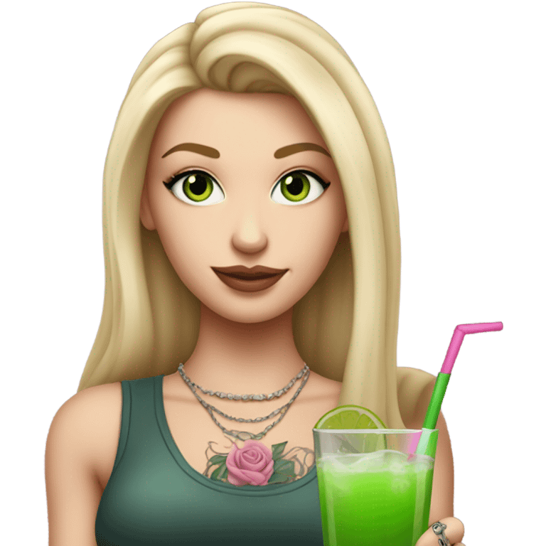 Realistic White girl with Long straight blonde hair, green eyes, tattoos, full body wearing dress and High heels, holding pink drink emoji