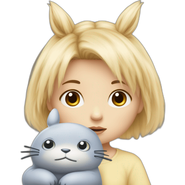 bébé fille blonde décoiffée aux yeux bleus avec une peluche Totoro  emoji