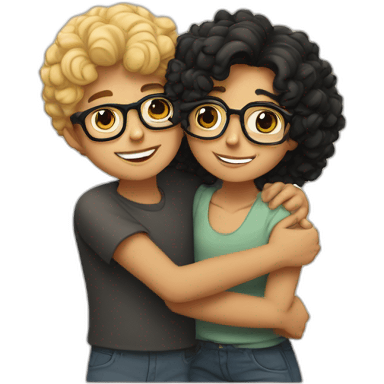 boy with curly blonde hair and glasses hugging girl with wavy black hair and glasses emoji