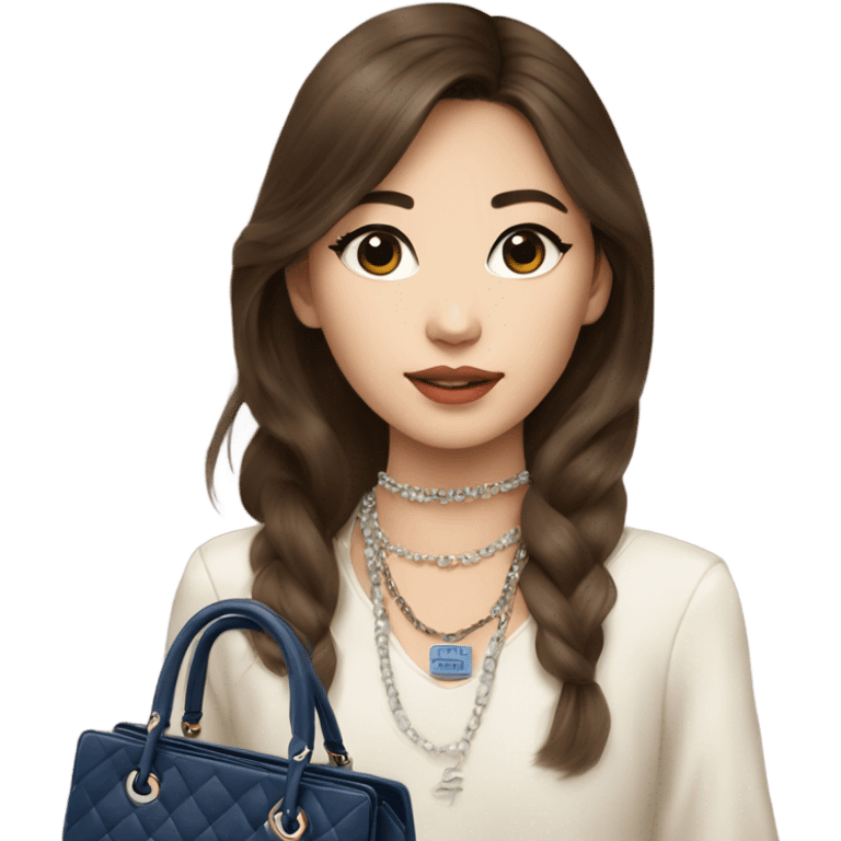 Realistic brown hair blue eyes Chanel Asian Girl with Birkin bag and Chanel necklace emoji