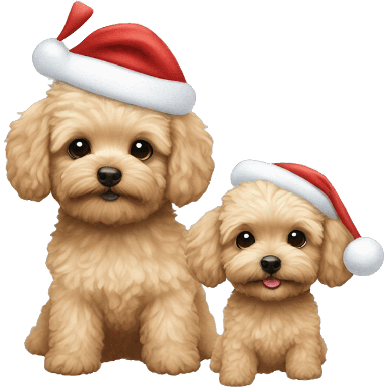 one brown maltipoo and one blonde maltipoo wearing santa hat emoji