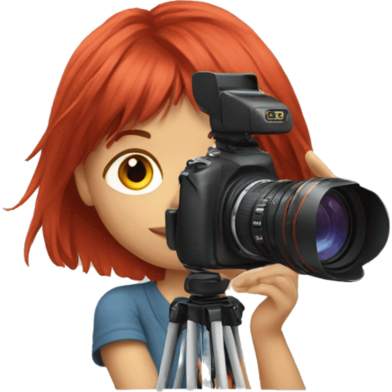 Realistic camera girl with camera and red long hair and a fringe emoji