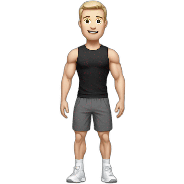 amazed Pale skinned Fit Man With the biceps and dark brown hair in black shirt, gray sports shorts and white Sneakers emoji