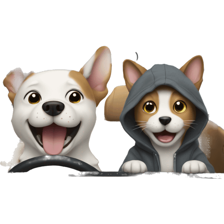 Dog wearing a hoodie laughing at a cat in a car emoji