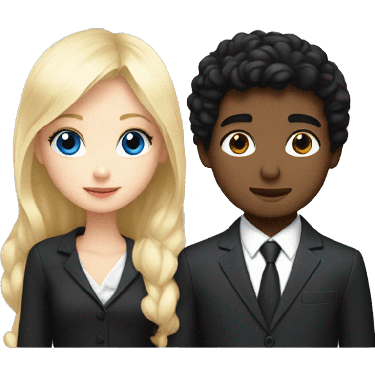 boy with black hair and blue eyes in suit kissing blond girl with hazel eyes with a cute black dress and both are white pale emoji