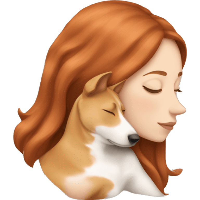 White girl auburn hair sleeping with Carolina dog emoji