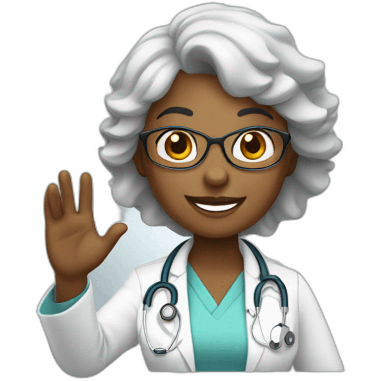 female african middle aged doctor waving and smiling emoji