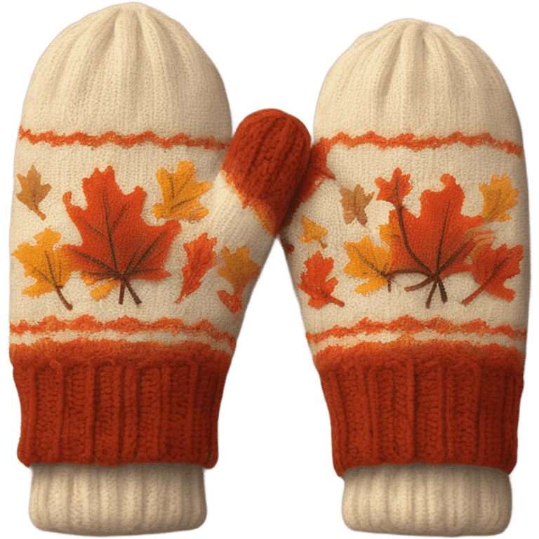 A pair of cozy knitted mittens with fall design emoji