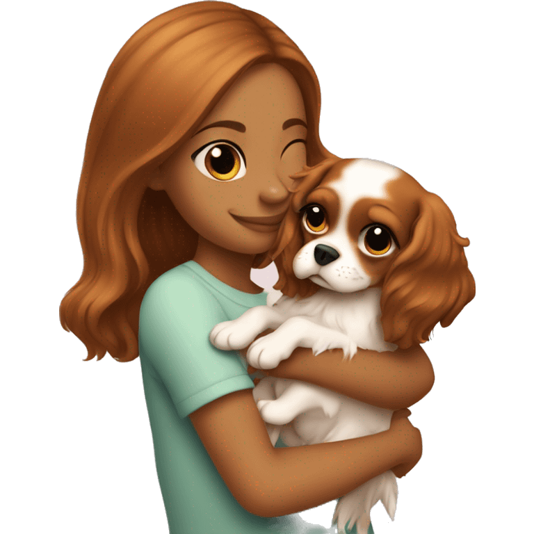 cute girl hugging baby king charles spaniel  emoji