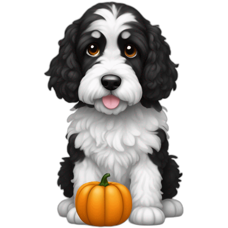 black and white doodle cockapoo with a pumpkin emoji