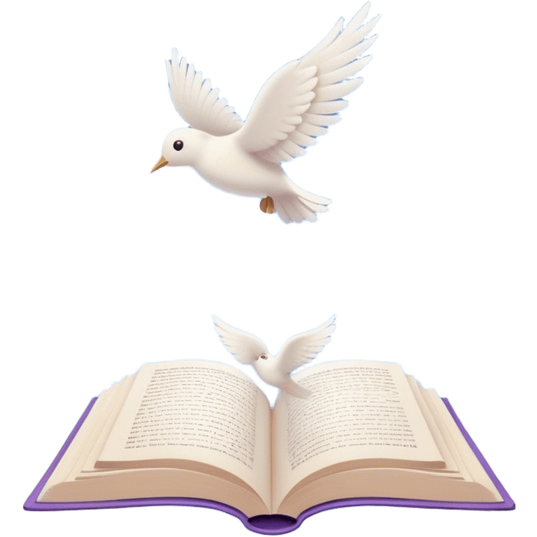 Create a dreamy, poetic emoji representing poetry. The design should feature several elegantly flying pages with short poetic columns written on them, surrounded by fluffy, soft clouds. White birds should be flying out from the clouds, creating a sense of freedom and inspiration. The pages and a white feather should symbolize creativity and poetic flow. Use pastel tones like light blues, purples, and creams for the pages and background, while the clouds should be soft and ethereal. The overall design should feel whimsical, serene, and full of poetic charm. Make the background transparent. emoji