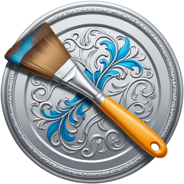 Metal painting icon, intricate hand-painted metal surface with detailed patterns, visible paintbrush, metal tools, and vibrant enamel or acrylic paints, no finished artwork, just the painting process, minimalistic style, clean lines, transparent background. emoji