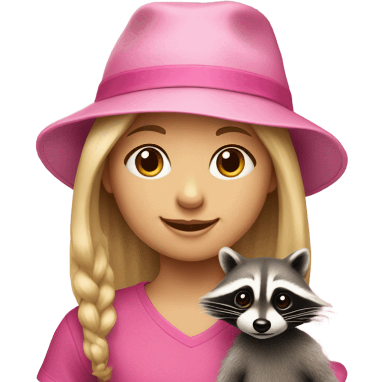 Eight-year-old girl with blonde hair holding a raccoon with a pink hat on emoji